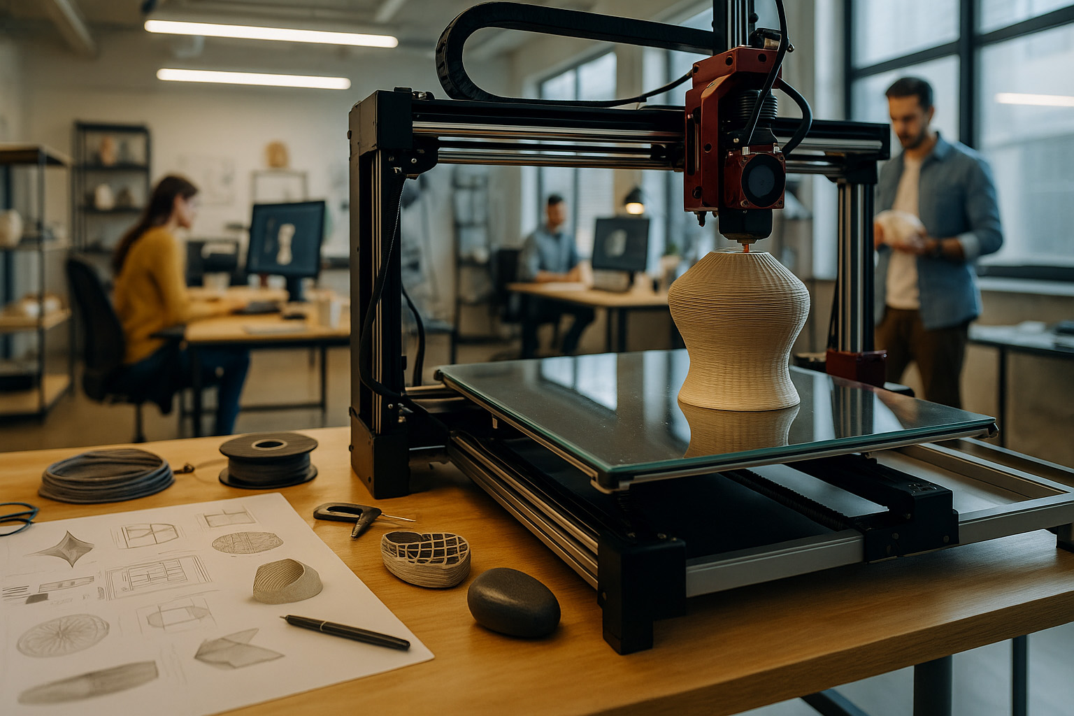 3dHub_2 Ein 3D Drucker, der ein Vasen ähnliches Objekt druckt. Im Hintergrund sieht man Menschen arbeiten